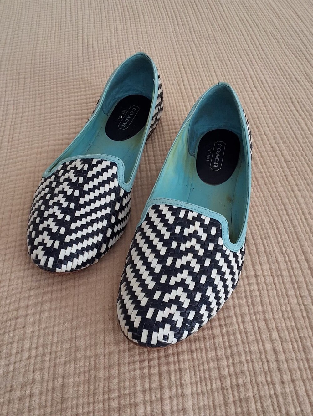 Coach Catrin Leather Navy/Chalk Braided Slip On Shoes Size 8 W/Orginal Box